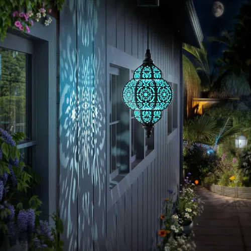 Vista 3 de Hapjoy Luces solares colgantes para decoración de jardín al aire libre, farol solar impermeable de plástico marroquí, decoraciones al aire libre