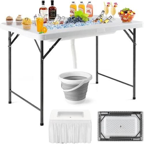 Vista 10 de Giantex Mesa enfriadora de hielo plegable, mesa de barra fría para exteriores de 46 pulgadas con drenaje, cubo plegable y falda extraíble a juego