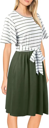 Vista 3 de MEROKEETY - Vestido largo hasta por debajo de la rodilla para el verano, con mangas de rayas y con volantes, con bolsillos en la cintura, con tira