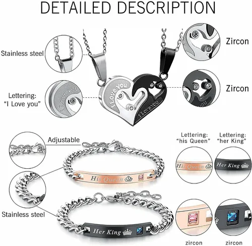 Vista 2 de Karlota Juego de pulseras con dije de acero inoxidable para parejas, con texto en inglés "I Love You" a juego, para novios, novias, novias, regalos