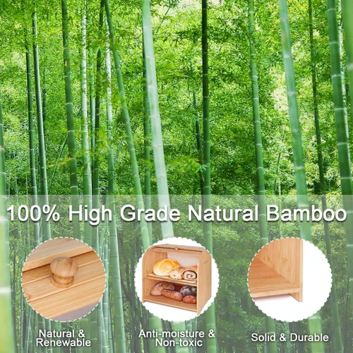Vista 7 de Purbambo Caja de pan de bambú para encimera de cocina, doble capa Roll-top cajas de almacenamiento de pan conservador de alimentos con estante medio
