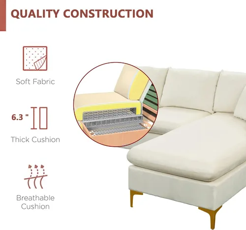 Vista 4 de Sofá modular de 110.6 pulgadas con otomana, elegante sofá tapizado de terciopelo en forma de L con 2 almohadas para sala de estar y apartamento