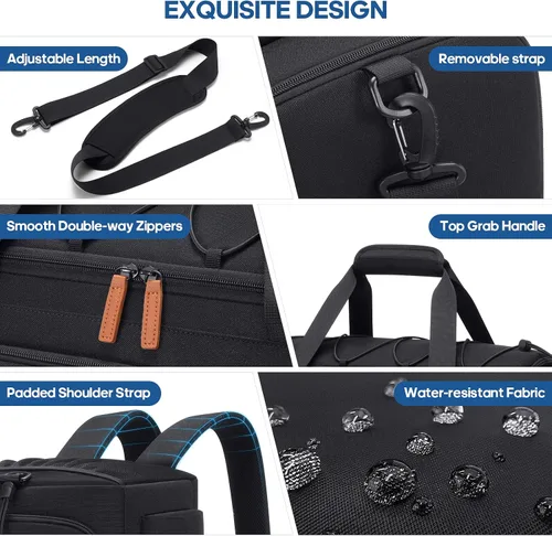 Vista 6 de Bolsa de gimnasio para hombres y mujeres con compartimento para zapatos y laptop, bolsa de viaje deportiva 3 en 1, mochila antirrobo para avión
