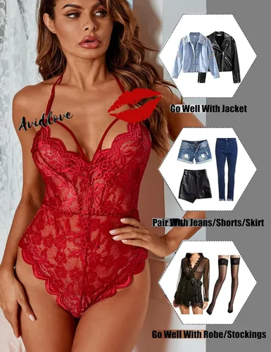 Vista 5 de Avidlove - Lencería de encaje de una pieza para mujer, minibabydoll, minileotardo