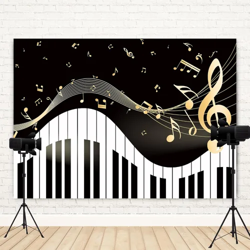 Vista 7 de Newsely Fondo de Tema de Piano 7 pies de ancho x 5 pies de alto Fotografía Notas Musicales Doradas y Teclado de Piano Fondo Elegante Moderno de Moda