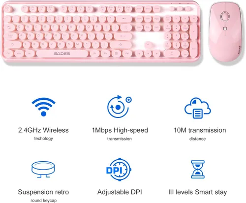 Vista 7 de Combo de teclado y mouse inalámbrico rosa, combo de teclado y mouse retro inalámbrico de 2.4 GHz, teclado inalámbrico Letton de tamaño completo