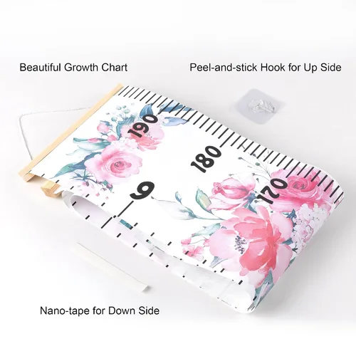Vista 4 de Tabla de crecimiento de lona para niños para pared, rastreador de medición de altura floral para bebé niña, regla colgante con gancho extraíble