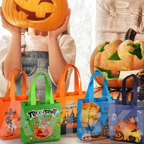 Vista 2 de Aviski 16 bolsas de Halloween para dulce o truco, pequeñas bolsas de regalo no tejidas con asas para envolver regalos, suministros de fiesta