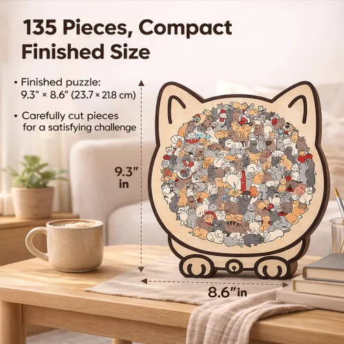 Vista 3 de Rompecabezas de madera con forma de gato para adultos, rompecabezas en forma de gato de 135 piezas de color Morandi, lindo para amantes