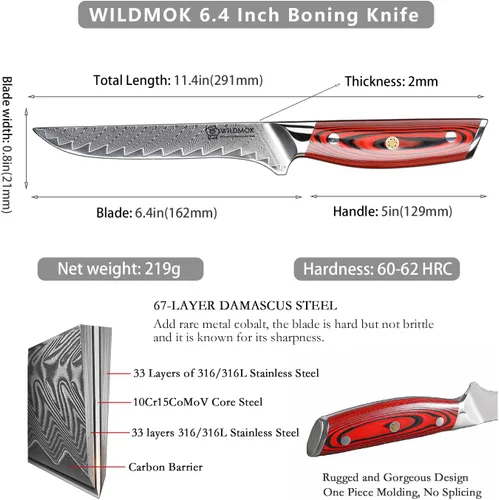Vista 2 de WILDMOK Cuchillo de deshuesar de Damasco, cuchillo de filete de pescado profesional afilado de 6.4 pulgadas, cuchillo de cocina japonés súper VG10
