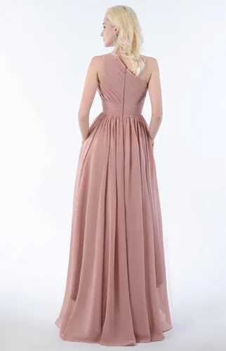 Vista 4 de Vestido de dama de honor de un hombro para mujer con bolsillos, acampanado, sin mangas, fruncido, de gasa, vestido de graduación alto y bajo