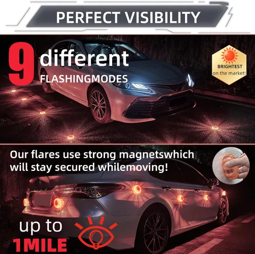 Vista 6 de Kit de bengalas LED de carretera para emergencia, kit de luces de emergencia para carretera con base magnética para vehículos y barcos 9 modos