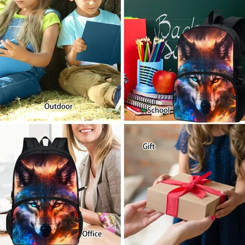 Vista 7 de Mochila genial para niños, mochila de lobo, mochila negra grande de 17 pulgadas, perfecta para 6 a 14 años, Fire and Ice