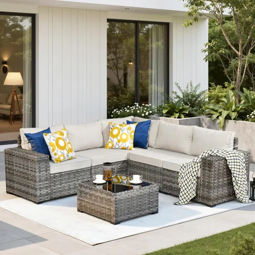 Vista 31 de Juego de muebles de patio de 6 piezas, sofá modular de mimbre para exteriores con mesa auxiliar, cómodos cojines, moderno sofá modular de ratán
