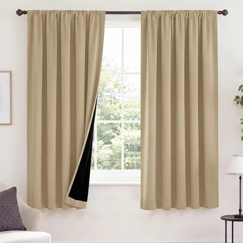 Vista 26 de NICETOWN Biscotti Beige 100% Cortinas opacas de 45" de largo para cocina, bolsillo con varilla para sótano completamente opaco, cortinas térmicas