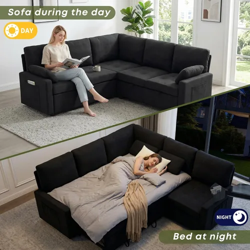 Vista 6 de Huatean Home Sofá extraíble de 82 pulgadas con almacenamiento, sofá cama, sofás modulares en forma de L de 5 asientos para sala de estar, felpilla