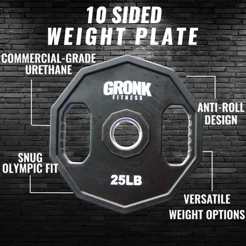 Vista 2 de Gronk Fitness Placas de pesas olímpicas de uretano de 10 lados Pesas duraderas para gimnasios domésticos y comerciales Diseño no rodante