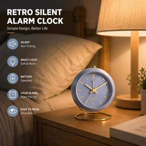 Vista 2 de AYRELY® Relojes Despertadores de Escritorio a Batería con Luz, Reloj Analógico Pequeño Retro Silencioso Sin Tictac, Reloj de Mesa Fuerte para Mesita