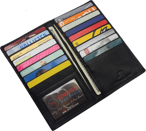 Vista 5 de RFID bloqueo doble cuero genuino tarjeta de crédito titular de identificación cartera larga, CN Negro, Bifold