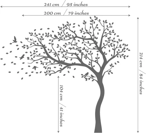 Vista 2 de Vinilo decorativo para pared de árbol grande con pájaros y hojas que soplan en el viento, adhesivo mural de bosque