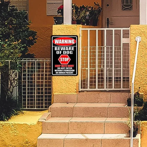 Vista 5 de Letreros de metal con texto en inglés "Beware Of Dog" para valla (paquete de 2) letreros de metal para decoración de perros, advertencia de jardín