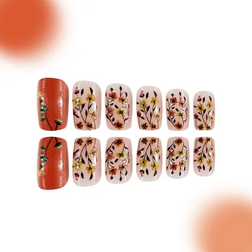Vista 3 de Juego de 24 uñas postizas cuadradas cortas a presión, 3D, para primavera y verano, reutilizables, color naranja, uñas postizas a presión, lindas