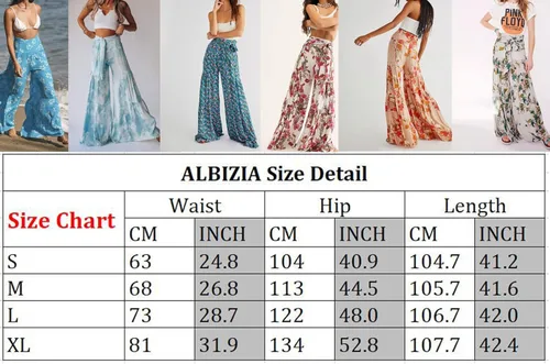 Vista 7 de ALBIZIA Pantalones de cintura alta y pierna ancha para mujer, estilo casual, bohemio, floral, pantalones de playa bohemios con cinturón