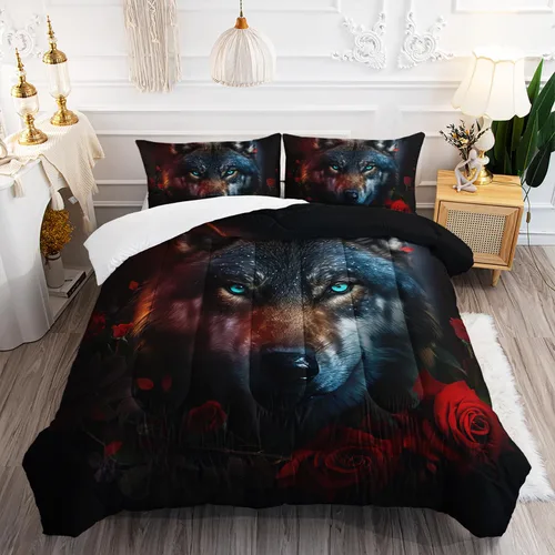 Vista 28 de AILONEN Juego de edredón con cabeza de lobo impresa tamaño individual, juego de ropa de cama de lobo para la noche para niños y hombres, juego