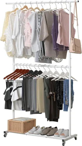 Vista 11 de Sywhitta Perchero de Ropa de Doble Barra Rodante, Organizador de Ropa con Ruedas para Colgar Ropa, Fácil de Ensamblar, Ajustable, Negro