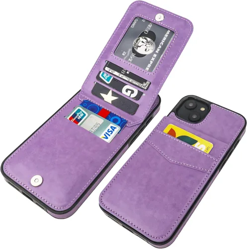 Vista 9 de KIHUWEY - Funda tipo cartera para iPhone 14 Plus, tarjetero con soporte, color negro Ranuras para tarjetas de crédito, piel sintética, cierre