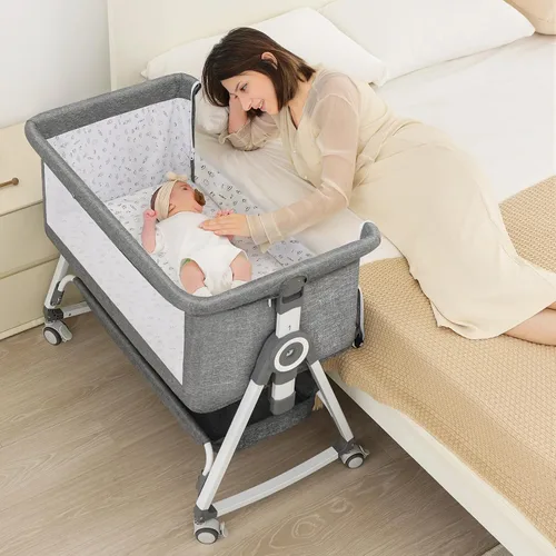 Vista 8 de Cuna para bebé, moisés junto a la cama, cuna de 4 en 1 con ruedas con cerradura, mosquitera, cuna portátil plegable ajustable para recién nacido