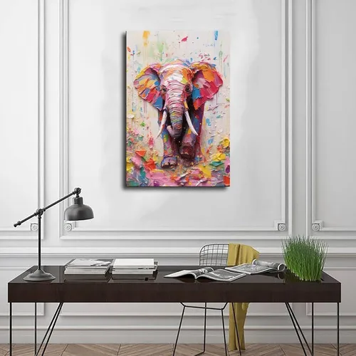 Vista 3 de Fyzuf Arte de pared de elefante - Pintura al óleo sobre lienzo, estilo cubismo, elefante colorido, estético, 12 x 18 pulgadas (11.8 x 17.7 in), sin