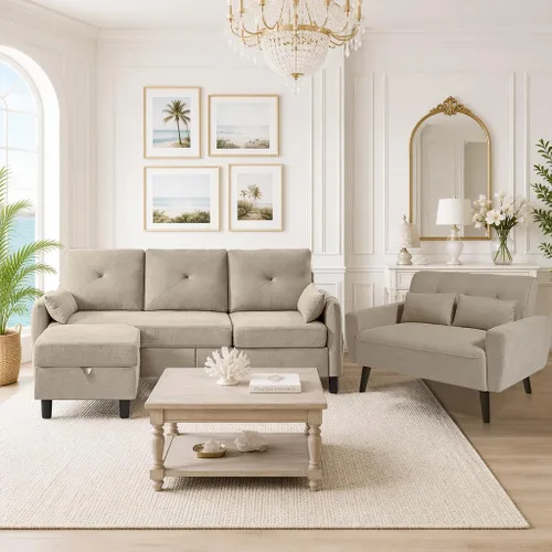 Vista 9 de Sofá en forma de L, sofás seccionales para sala de estar, sofá pequeño con Beige