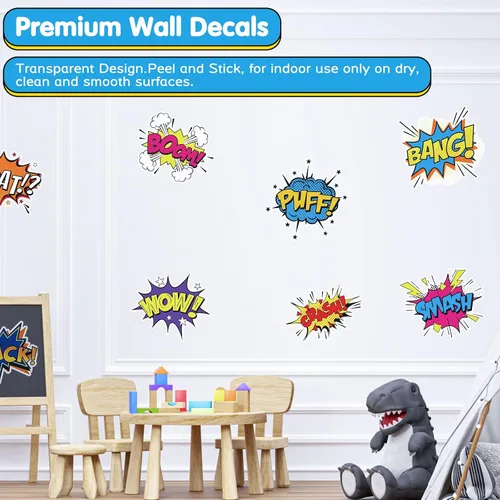 Vista 2 de Calcomanías de pared de superhéroes, decoración de pared para habitación de niños, efectos de sonido de cómic Boom Bang, calcomanías de pared