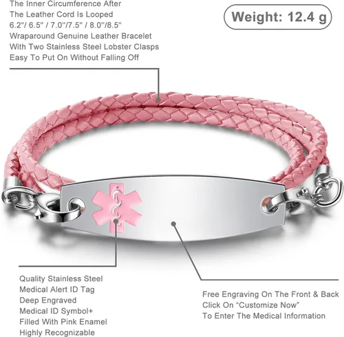 Vista 2 de Pulseras de alerta médica con grabado gratuito para mujeres y hombres con cuerda de cuero Rolo Pulsera de repuesto intercambiable Etiqueta
