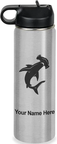 Vista 47 de LaserGram Botella de agua personalizada, tiburón martillo, acero inoxidable de doble pared aislada al vacío con popote superior, regalo grabado