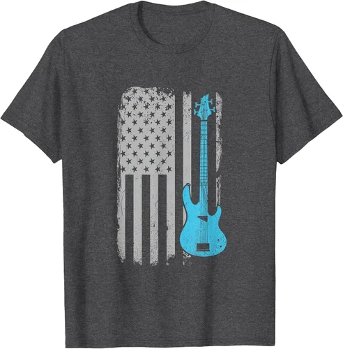 Vista 82 de Electric Bass Guitar Player American Flag Musician T-Shirt Asphalt Grey