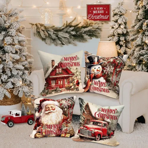Vista 4 de Lanpn Juego de 4 fundas de almohada de Navidad de 16 x 16 pulgadas, cojín de decoración de Navidad, almohadas rojas de Navidad, funda de almohada