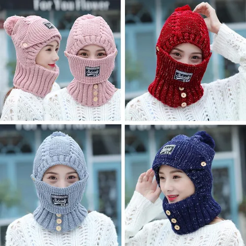 Vista 4 de Máscara 2 en 1 para mujer, bufanda de punto, gorro elástico cálido de invierno con protectores de oídos, resistente al viento, gorra integrada