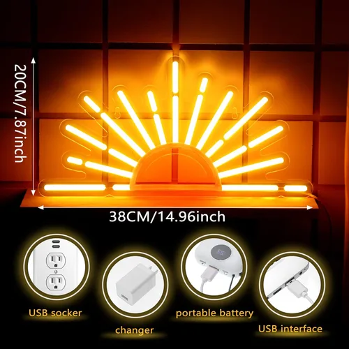 Vista 2 de Ganeen Letrero de Neón Naranja Amanecer Atardecer Arte de Pared Boho Luces de Neón para Dormitorio Sol en el Horizonte Letreros LED de Pared USB