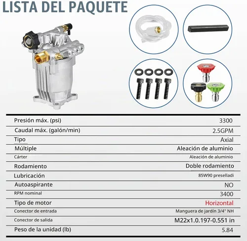 Vista 8 de TOOLCY Bomba de lavado a presión 3/4" eje horizontal, 2600-3300 PSI @ 2.5 GPM