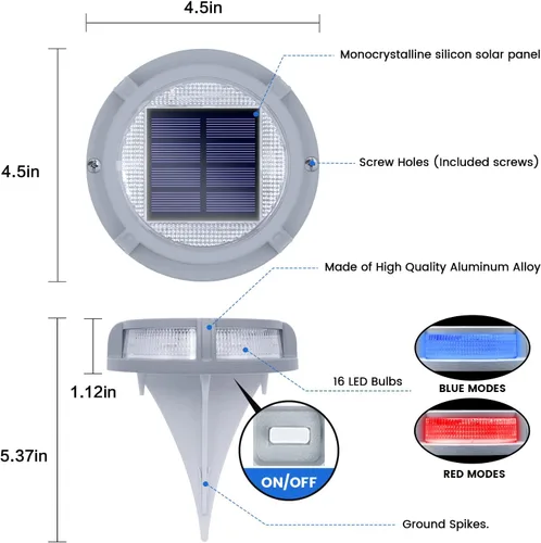 Vista 4 de SIEDiNLAR Luces solares para cubierta al aire libre, 2 modos, 16 LED, marcadores de entrada, luz de muelle, funciona con energía solar, impermeable