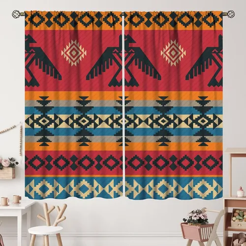 Vista 95 de Cortinas con patrón geométrico tribal, estilo suroeste, azteca, rústico, occidental, nativo americano, opacas, con bolsillo para barra, decoración