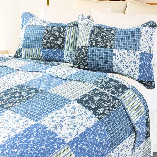 Vista 2 de Cmfshape - Juego de cama con edredón acolchado floral de verano tamaño king, juego de colcha rosa romántico, cubrecama reversible cosido para todas