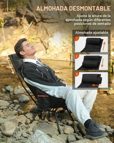 Vista 5 de Silla de camping portátil de respaldo alto con reposacabezas y pies Panel de línea de contorno negro