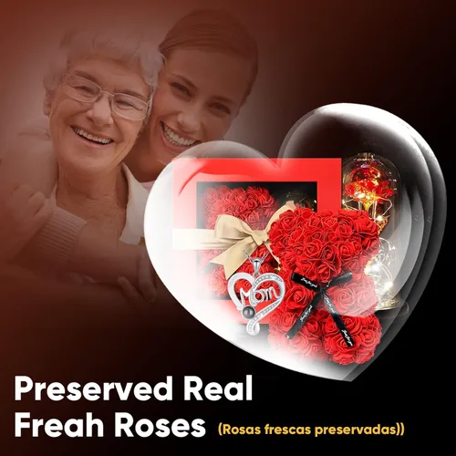 Vista 2 de Regalos para mamá de hija y hijo, flores de rosas preservadas con collar de abuela "Te quiero mamá" Mamá roja