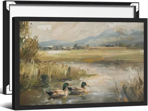 Vista 21 de Haitunone Póster de estanque de pato real con animales de granja, arte de pared, pintura de pato vintage, pintura al óleo, cazador de pájaros