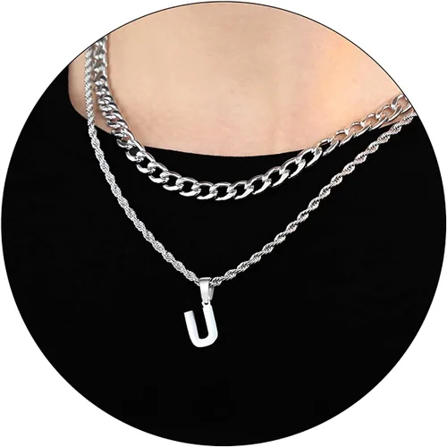 Vista 76 de SENRAN Collar con inicial en capas de la A a la Z para hombre, cadena de cuerda torcida de acero inoxidable de 18 a 20 pulgadas, dije de letra