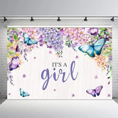 Vista 3 de MEHOFOTO - Cartel de fondo de cabina de estudio fotográfico con texto en inglés "It's A Girl" con diseño de mariposa para baby shower, baby shower