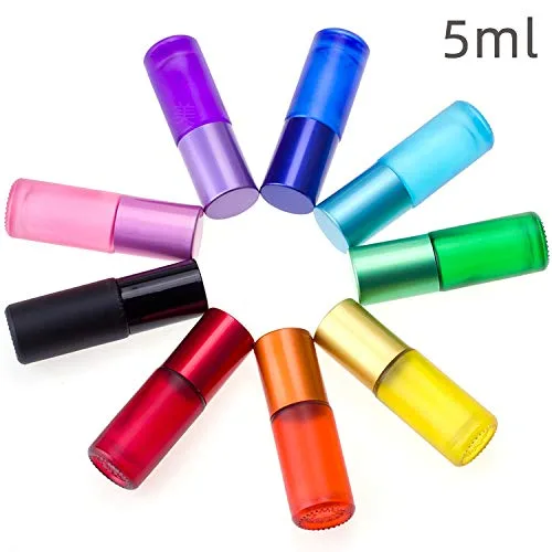 Vista 3 de Botellas de vidrio esmerilado de 0.3 fl oz, 8 colores, botella enrollable de vidrio de aceite esencial portátil vacía con bolas enrollables de acero